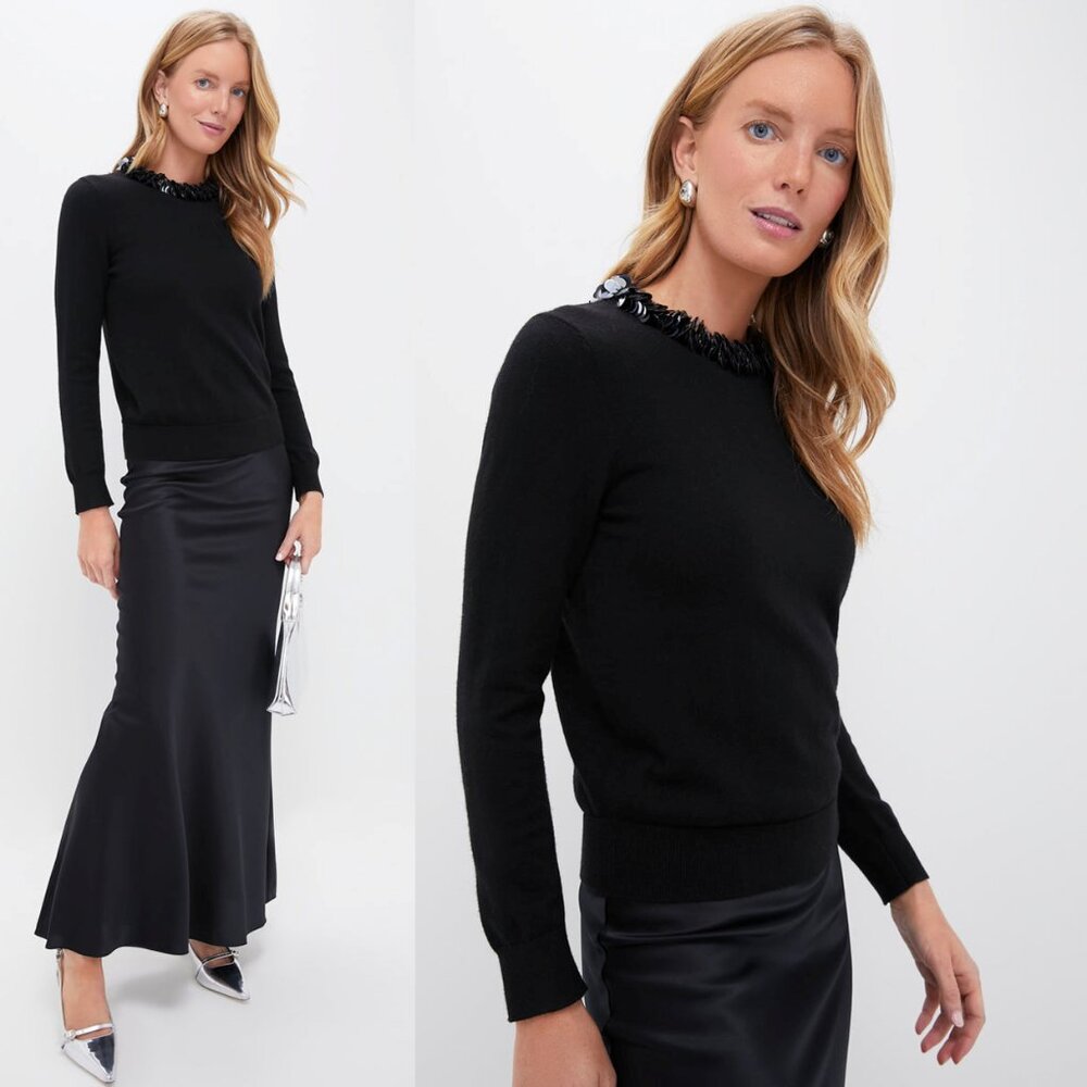 NWT Tuckernuck Black Sequin Trim Lina Sweater Crewneck Knit Top Size S - Picture 2 of 8